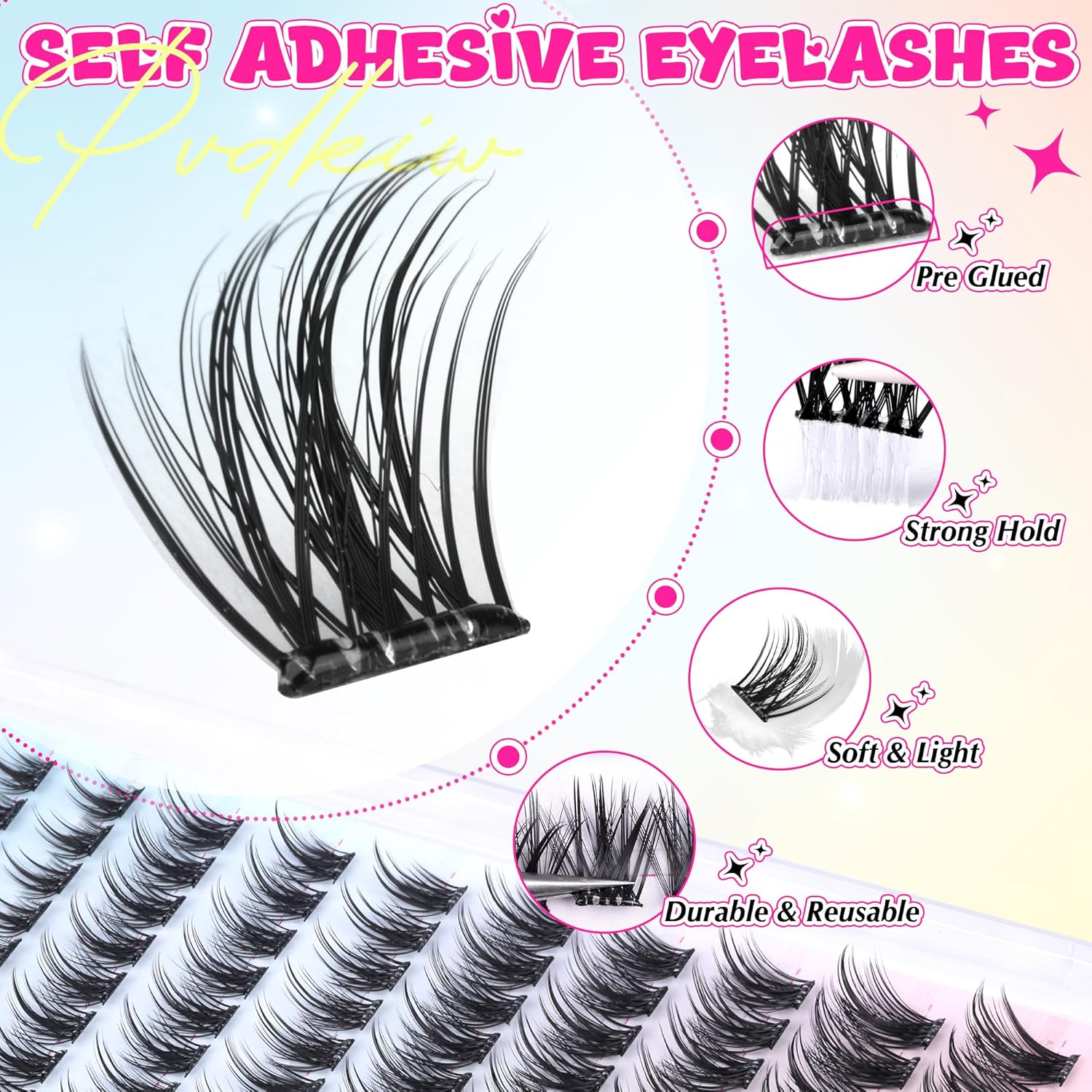 Self Adhesive Eyelashes Wispy Self Adhesive Lash Clusters Natural Lashes Clusters Pre Glued Eyelash Clusters C Curl Cluster Eyelash Extensions Press on Lashes No Glue Needed Reusable 10-16mm-FemmiqueWomen