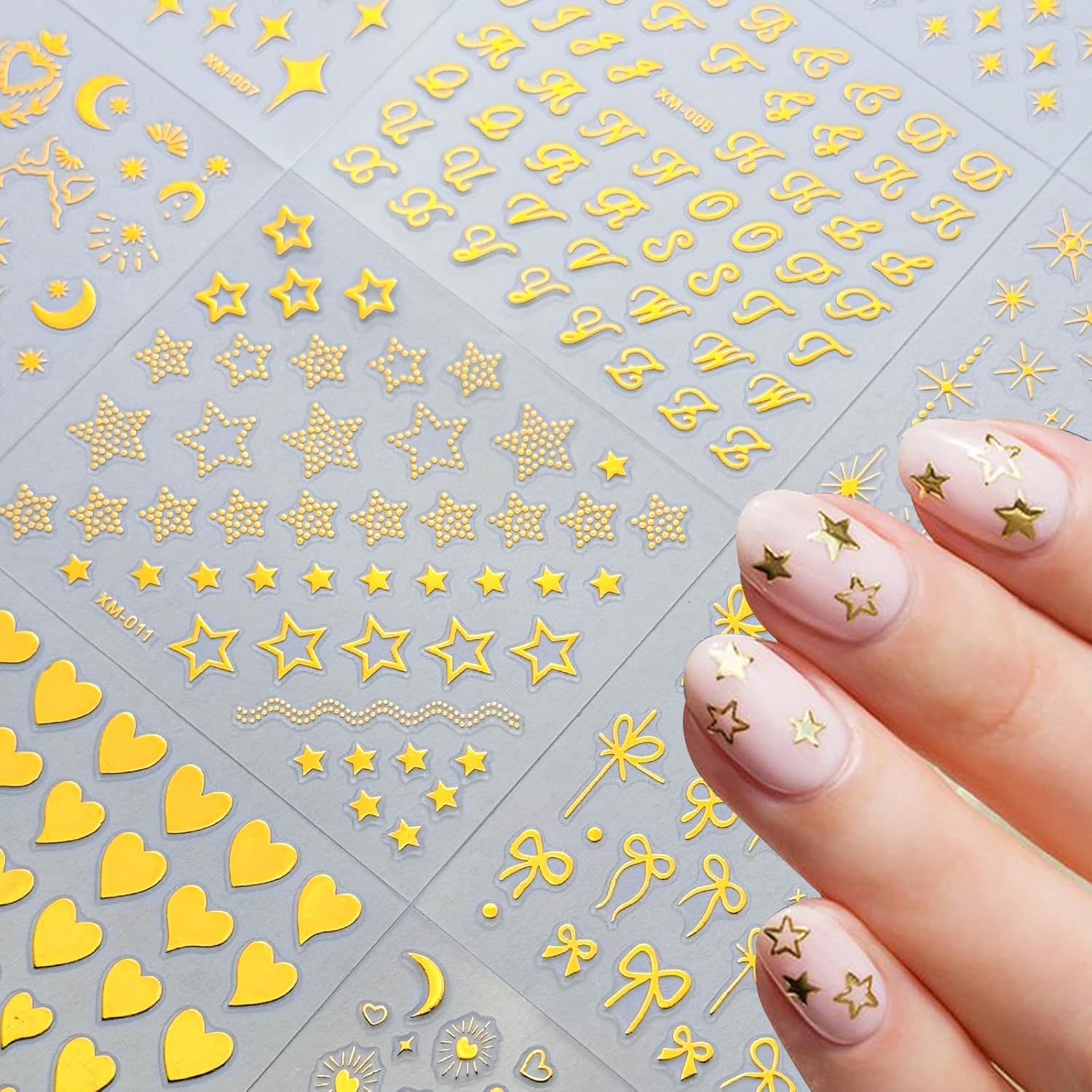 30Sheets Gold Nail Art Stickers Star Line 3D Self Adhesive Nail Stickers for Nail Art Moon Stars Nail Decals Heart Nail for Women and Girls Manicure DIY Decoration-FemmiqueWomen
