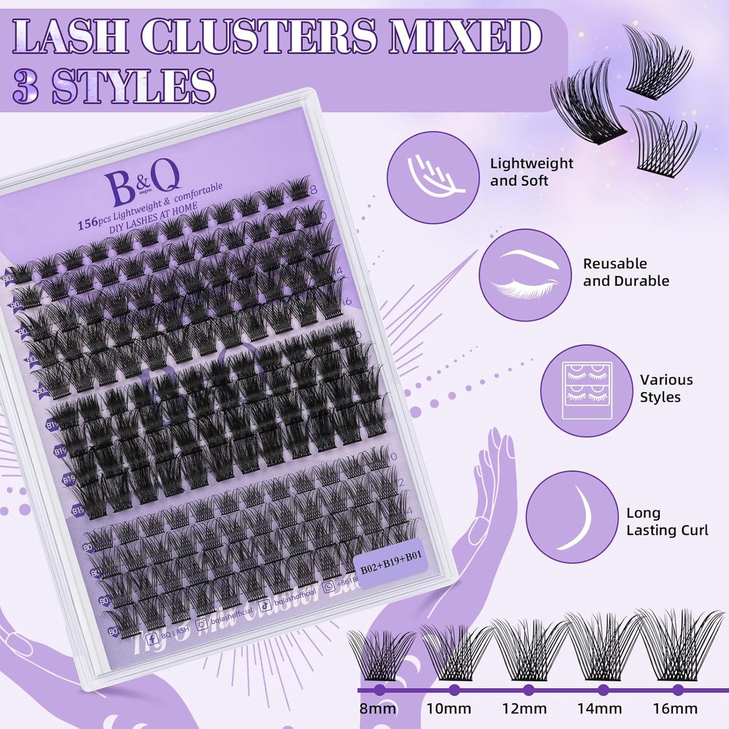 B&Qaugen Lash Clusters 156PCS Lash Clusters Kit B01+B02+B19 DIY Lash Extension Kit Eyelash Extension Kit 8-18mm Wispy Lashes Clusters with Lash Bond & Seal Lash Applicator Tool for DIY (Andromeda)-FemmiqueWomen