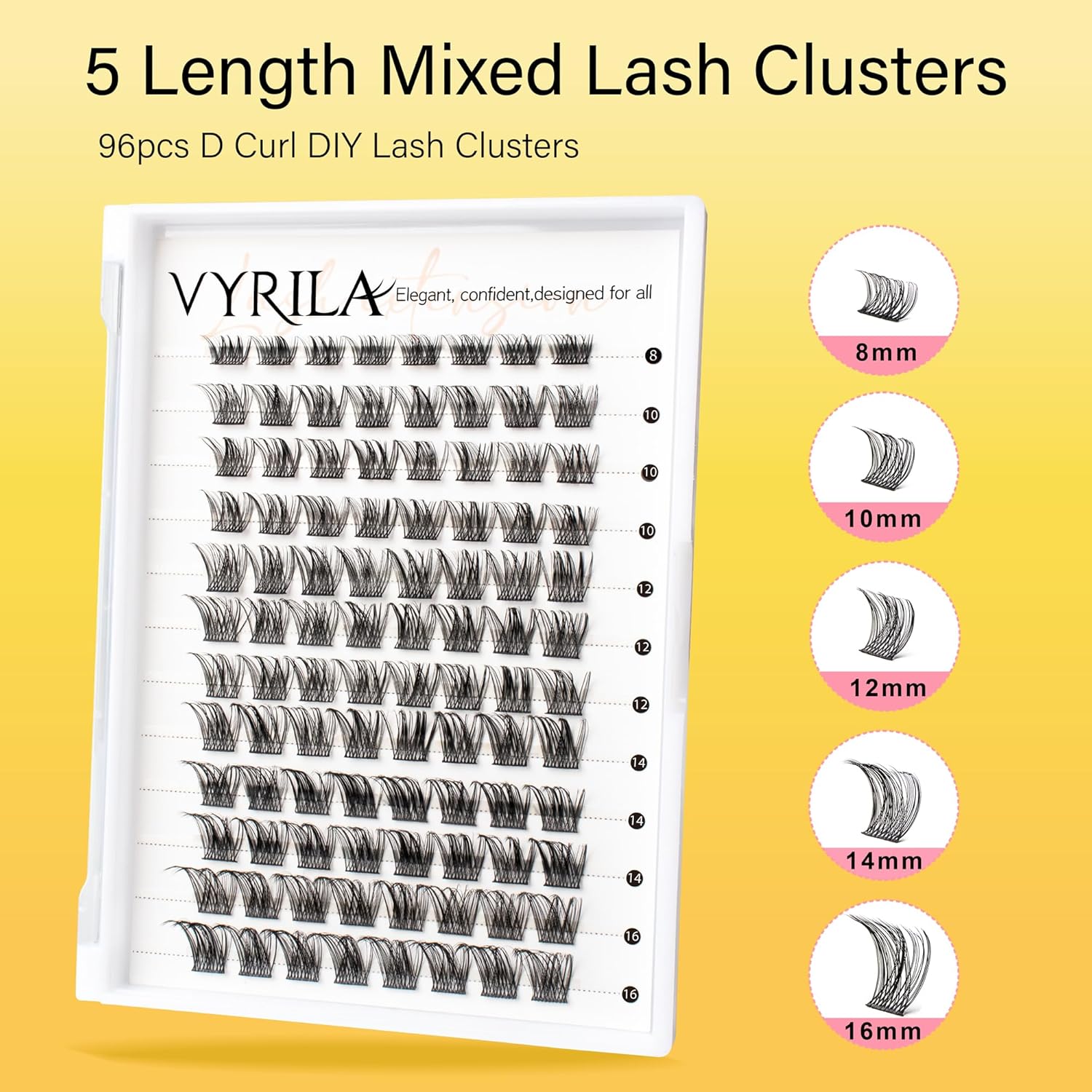 Lash Clusters 8-16mm, False Eyelashes 96pcs, Cluster Eyelash Extensions Matte Black Soft, Diy Lash Extensions D Curl Natural Lash Clusters Faux Mink Lashes Wispy（Tide,96pcs,0.07,D,8-16MIX)-FemmiqueWomen