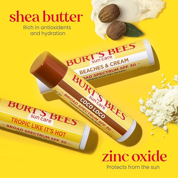 Burt’s Bees SPF 30 Lip Balm Mothers Day Gifts for Mom, Island Getaway - Coco Loco, Beaches & Cream, Tropic Like It's Hot, Water-Resistant Sun Care, Natural Origin Lip Treatment, 3 Tubes, 0.15 oz-FemmiqueWomen
