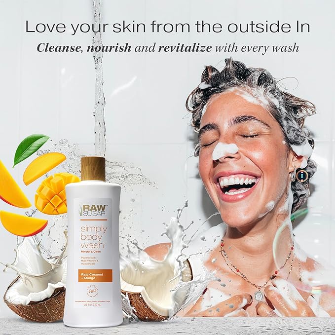 RAW SUGAR Simply Body Wash - Raw Coconut + Mango, Moisturizing & Soothing Bath & Shower Gel, Sulfate-Free, Paraben-Free & Vegan (Pack of 3)-FemmiqueWomen