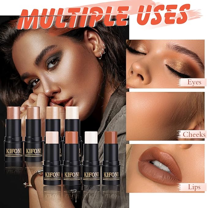 2 Pcs Cream Contour Stick Makeup Kit, Cream Highlighter Stick & Contour Bronzer Stick for Cheeks, Lightweight Blendable Smooth -Highlighter (#03 Champagne Gold #06 Silver)-FemmiqueWomen