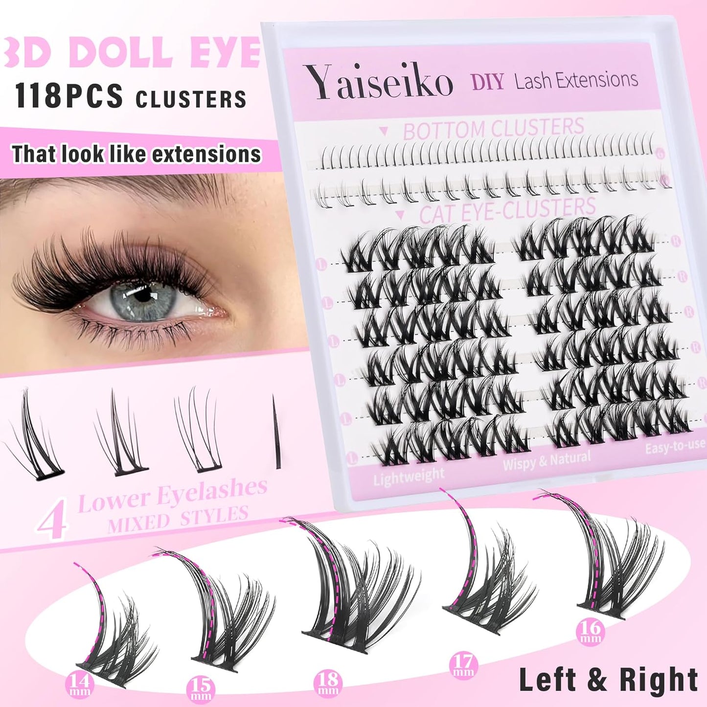 Lash Clusters With Bottom Lash Clusters Doll Eyelashes Cluster Lashes Natural Look DIY Lash Extension Lashes 118 Pcs Left&Right Cluster Eyelashes Extensions Wispy Lashes Fluffy Eyelash Clusters-FemmiqueWomen