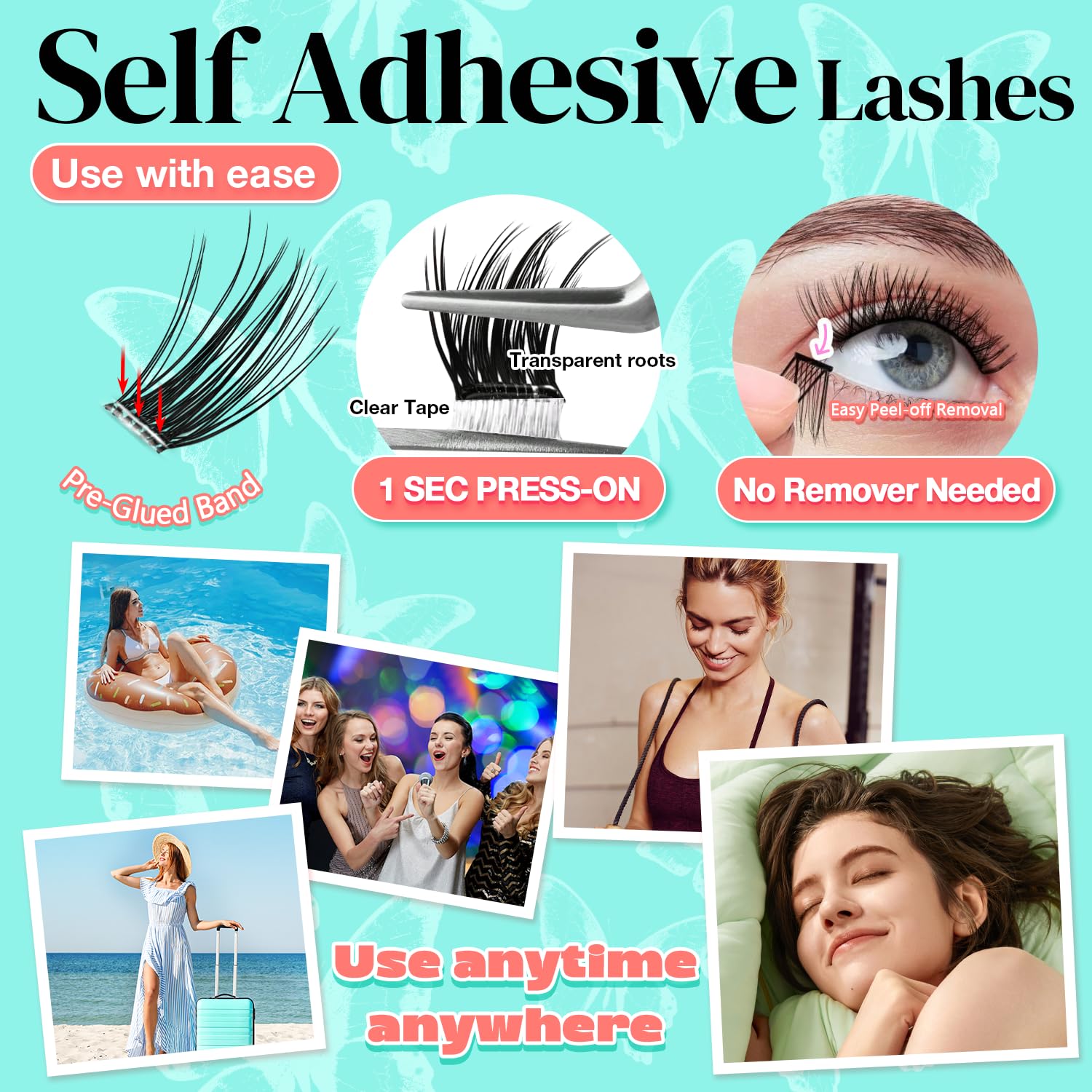 No Glue Needed Lashes, Self Adhesive Eyelashes, DIY Lash Cluster Eyelash Extensions Kit 10‑18mm,100pcs Fluffy D Curl Soft Natural Lashes with Tweezers–Fake Cat Eye Wispy Individual Clusters(NGDY61)-FemmiqueWomen