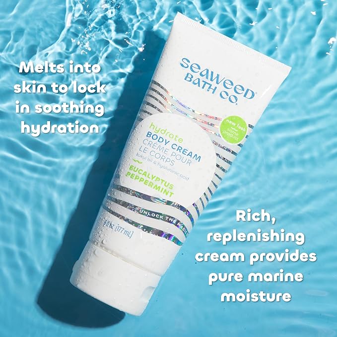 Seaweed Bath Co. Hydrate Body Cream, Eucalyptus Peppermint Scent, 6 Ounce, Nourishing Hand & Body Lotion Moisturizer for Dry Skin, with Sustainably Harvested Seaweed, Kukui Oil, Hyaluronic Acid-FemmiqueWomen