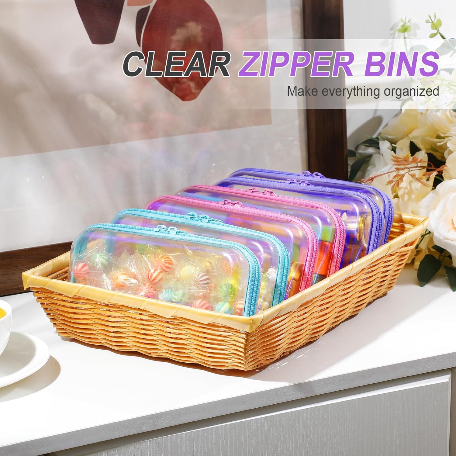 Sanwuta 6 Pcs Clear Hard Zipper Case Pencil Pouches Hard Plastic Zipper Pouches Makeup Bag Transparent Cases for Snacks Plastic Storage Organizer Box for Travel(Holographic,7.48 x 3.94 x 2 Inch)-FemmiqueWomen