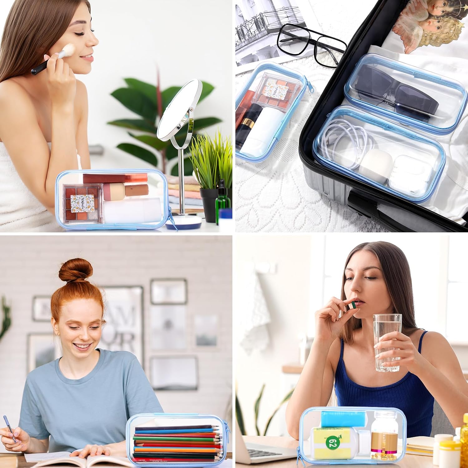 Hoolerry 3 Pcs Clear Hard Zipper Case Plastic Pouch Transparent Hard Case Clear Makeup Bag Portable Travel Organizer Bin for Cosmetics, Building Blocks, Puzzles(Blue,S)-FemmiqueWomen