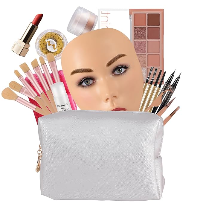 3D Makeup Practice Kit,Reusable Silicone Makeup Practice Face Board/Makeup Mannequin Face,with Makeup Brushes Set&Eyebrow Pencils&Eyelashes&a Makeup Bag&makeup remover towel&Eyeshadow&Lipstick-FemmiqueWomen