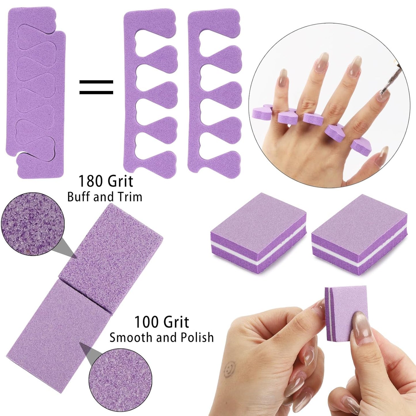 102pcs Toe Separators Set - Premium Pedicure Tool Super Soft Pedicure Toe Separator- Mini Nail Buffer Block File 80/100 Grit 2 Sided, Purple-FemmiqueWomen