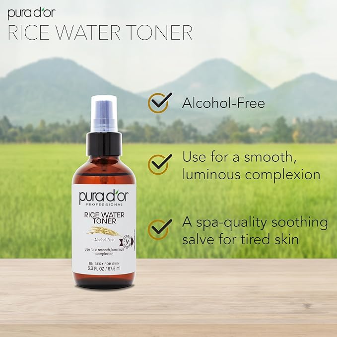 PURA D'OR 3.3 Oz Rice Water Facial Toner - Hydrating, Balancing & Soothing Formula with Natural Extracts - Skin Texture Support for Radiant Skin - Alcohol-Free - Travel Size-FemmiqueWomen