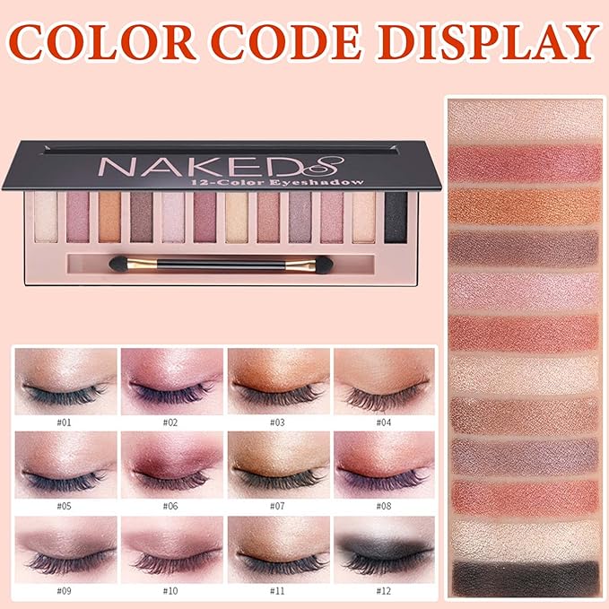 12 Color Naked Eyeshadow Palette,Pearly Earth Color Eyeshadow,Natural Shimmer Eyeshadow Palette,Professional Waterproof and Smudge Proof Eye Shadow Palette Kit,Eye Makeup Set for Women（B）-FemmiqueWomen