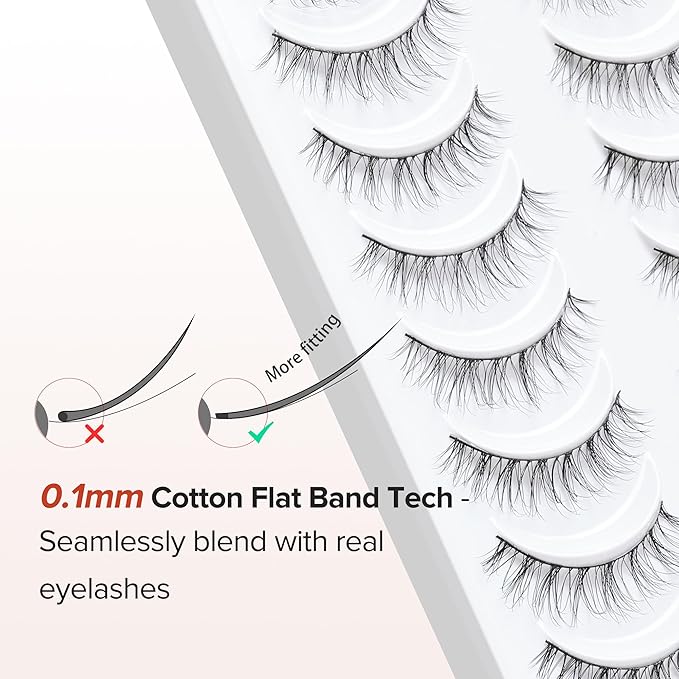 Natural Lashes Wispy False Eyelashes 10mm Short Lashes 3D Volume Strip Lashes Fake Eyelashes Siligli Lashes Thin Band Curly Eye Lashes Pack 10 pair-FemmiqueWomen