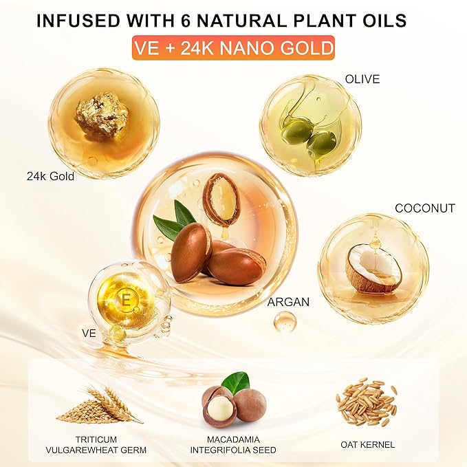 24K Gold Hair Oil, Repair Shine Serum with Coconut, Argan & Olive Oils - Heat Protectant and Frizz Control - Vegan, Lightweight Leave-In Treatment for Dry Damaged Hair (2.02 Fl Oz (Pack of 1))-FemmiqueWomen