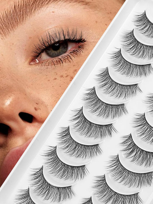 Natural Lashes Wispy False Eyelashes Short Lashes Soft Strip Lashes C Curl Eye Lashes Natural 10mm Short Eyelashes 10 Pair Eye Lashes Pack Siligli-FemmiqueWomen