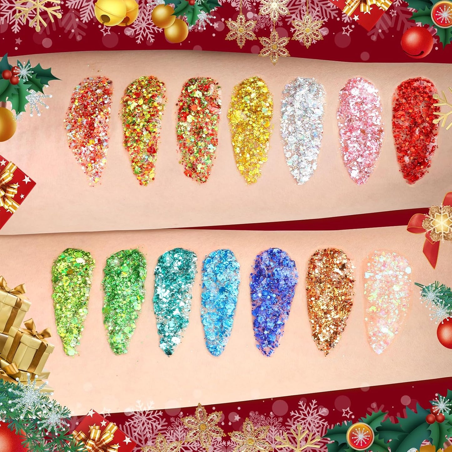 14 Colors Body Glitter,Face Glitter Makeup for Kids Women,Sparkly Chunky Hair Glitter for Eye Lip Nails,Mardi Gras Glitter Makeup Face Paint,Singer Concerts Disco Rave Festival Accessories-Christmas-FemmiqueWomen