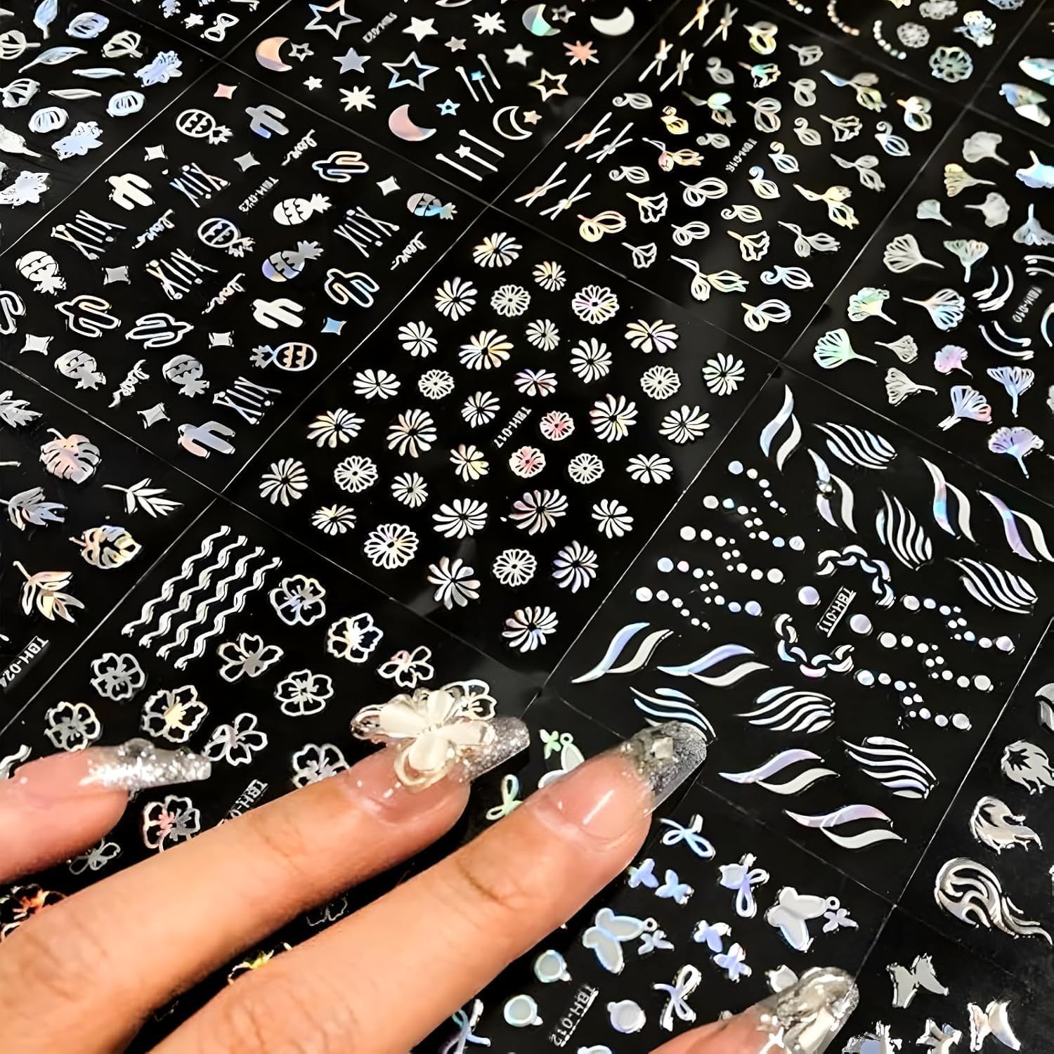 30 Sheets Aurora Flower Nail Art Stickers 3D Self Adhesive Flower Nail Stickers Aurora Moon Star Nail Decals Leaf Heart Nails Art Supplies Charms for Women Manicure Tips Decoration-FemmiqueWomen