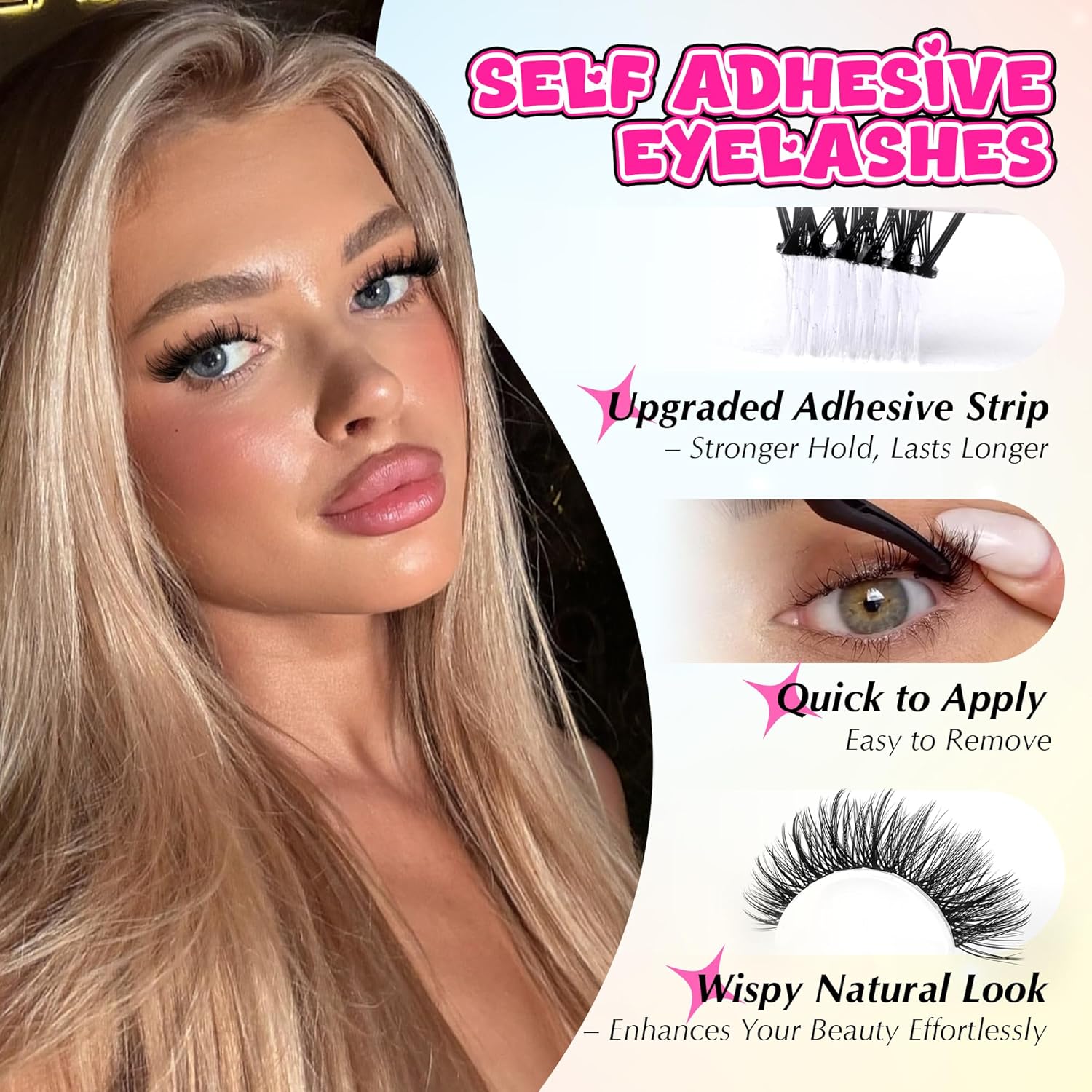 Self Adhesive Eyelashes Wispy Self Adhesive Lash Clusters Natural Lashes Clusters Pre Glued Eyelash Clusters C Curl Cluster Eyelash Extensions Press on Lashes No Glue Needed Reusable 10-16mm-FemmiqueWomen