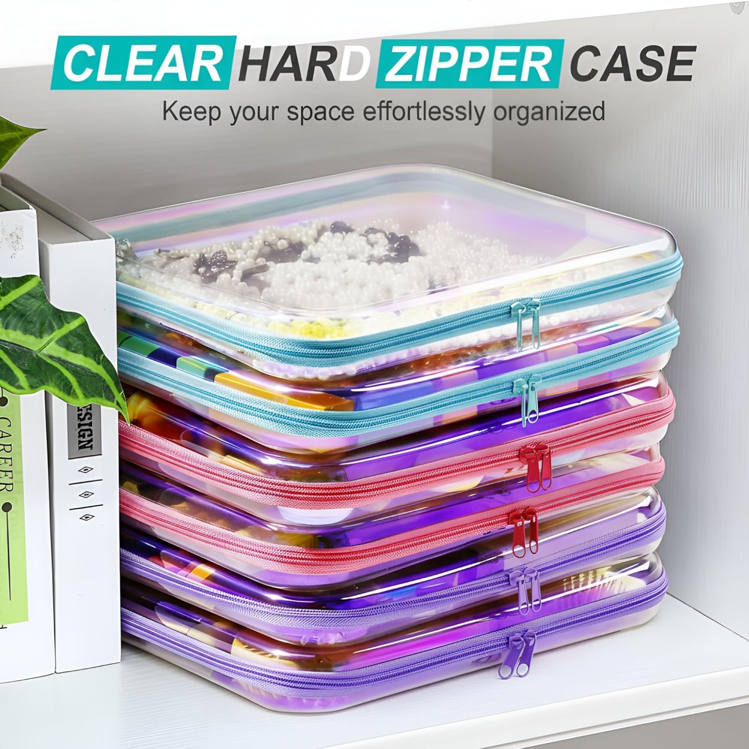 Sanwuta 6 Pcs Clear Hard Zipper Case Pencil Pouches Hard Plastic Zipper Pouches Makeup Bag Transparent Cases for Snacks Plastic Storage Organizer Box for Travel(Holographic,13.78 x 11.81 x 2 Inch)-FemmiqueWomen