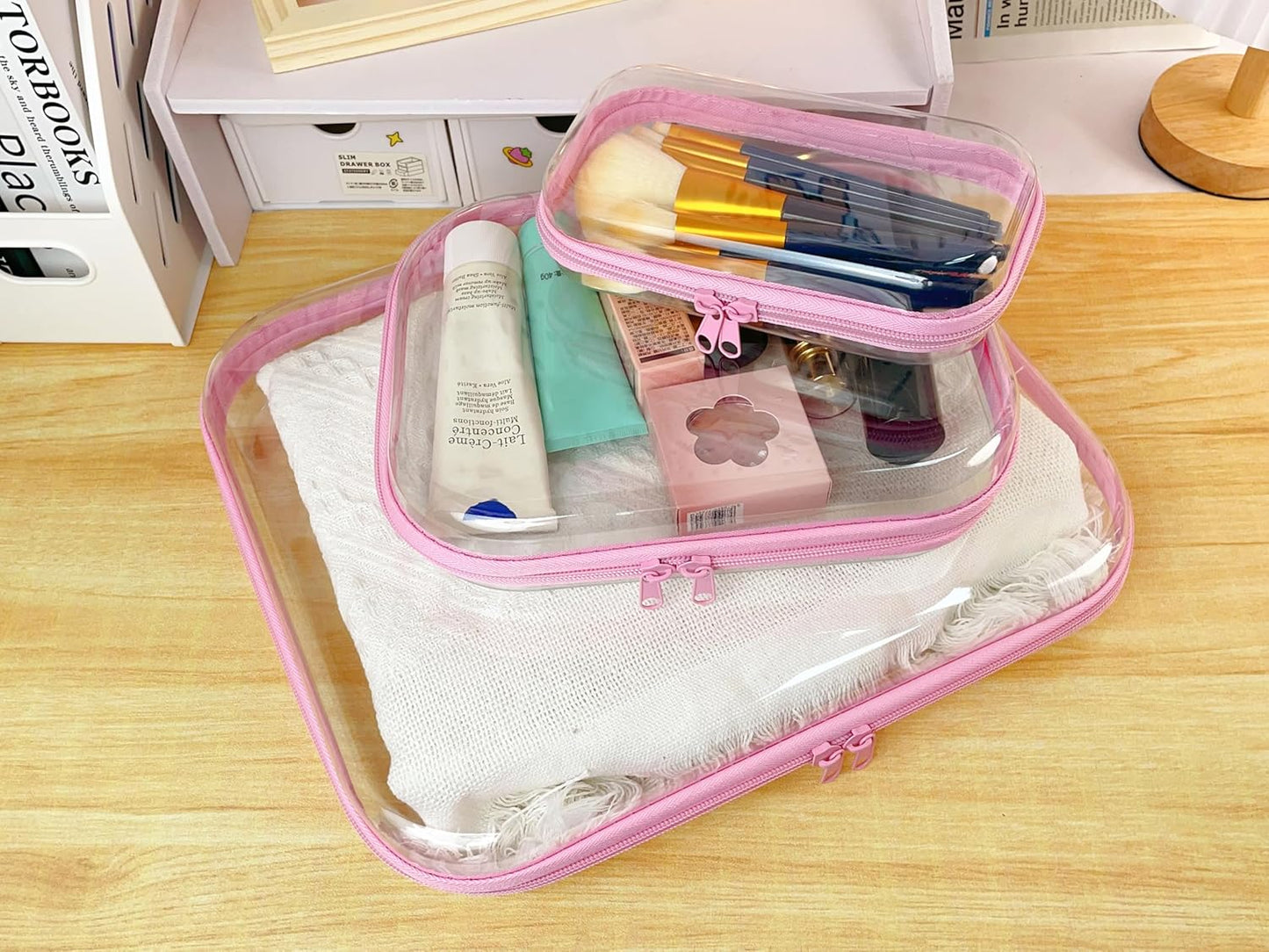 3PCS Clear Zipper Cases, Portable Clear Organizer Pouches for Travel, Double Zippered Hard Shell Plastic Case, Cosmetic Bag for Make Up Tools, Toiletries, Toy Storage (Pink, 1 Pack)-FemmiqueWomen