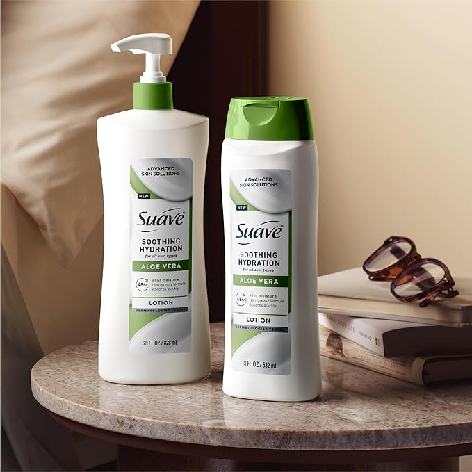 Suave Soothing Hydration Hand & Body Lotion With Aloe Vera Refreshes Dry Skin, Fast Absorbing, Intensive Moisturizing Cream For Women, Non Greasy, Allergen Free, 18 FL OZ, 6 Pack-FemmiqueWomen