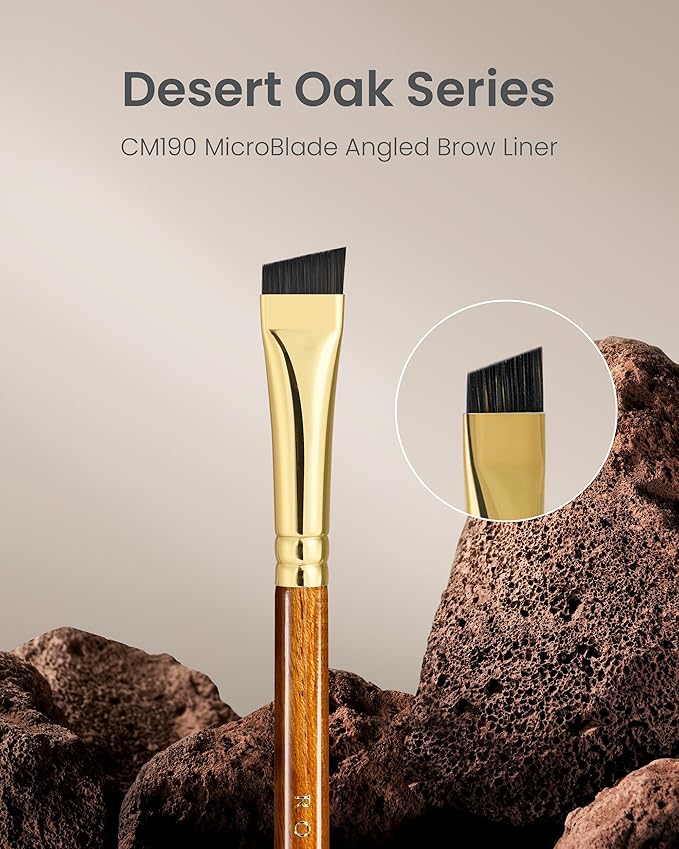 Desert Oak Series MicroBlade Angled Brow Brush - 11mm Ultra-Fine Nylon Bristles for 1mm Hair Strokes, Pomade/Gel/Powder Application, Bubinga & Brass (CM 190)-FemmiqueWomen