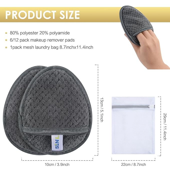 SINLAND Reusable Makeup Remover Pads For Face,Eye,Lips Microfiber Gentle Facial Cleansing Cloths for All Skin Types Friendly for Makeup Remover With Laundry Bag 5.1inchx3.93inch Gray Pack of 12-FemmiqueWomen