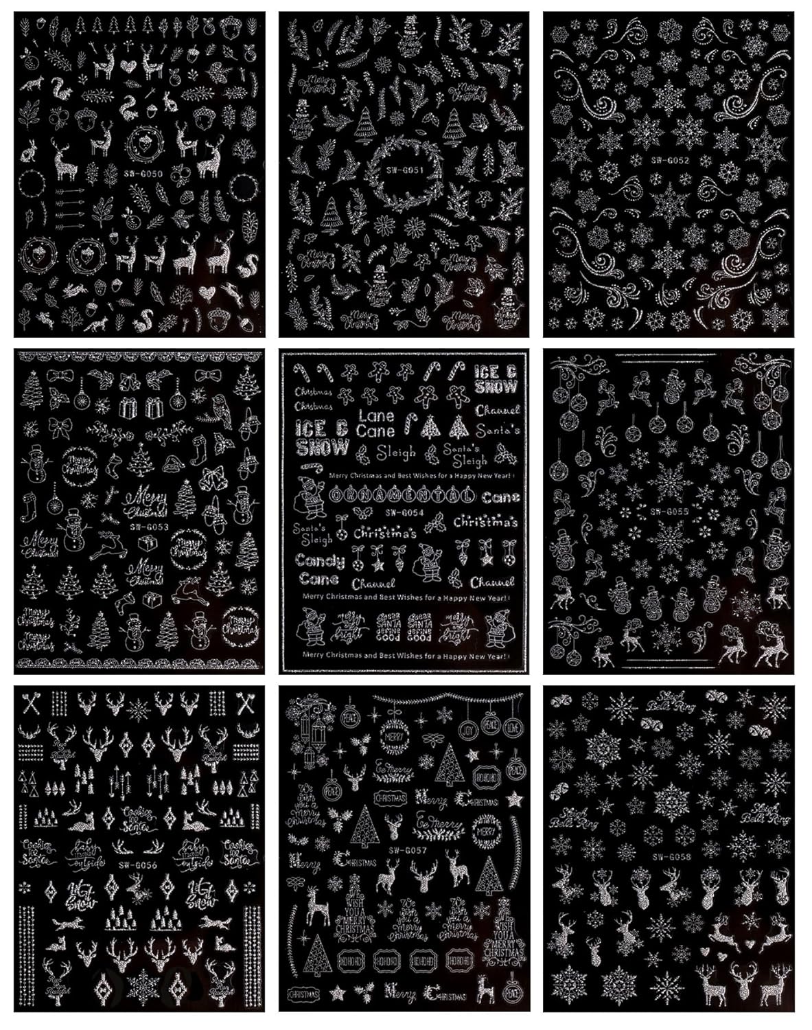 JMEOWIO 9 Sheets Christmas Glitter Nail Art Stickers Decals Self-Adhesive Snowflake Winter Holiday Silver Nail Supplies Nail Art Design Decoration Accessories-FemmiqueWomen