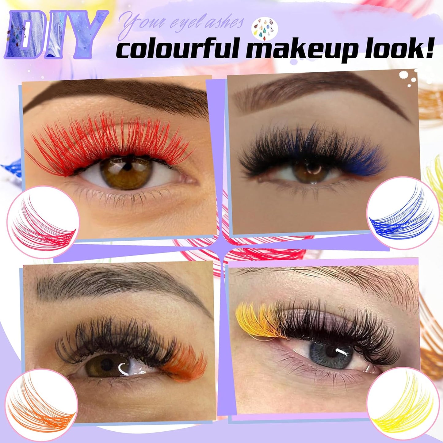 Colored Lash Clusters with Bottom Lashes D Curl 10-18mm Mixed 4 Colors Rainbow DIY Eyelash Extension Colorful Cluster Lashes Pack for Festival Christmas New Year and Cosplay by Yaiseiko-FemmiqueWomen