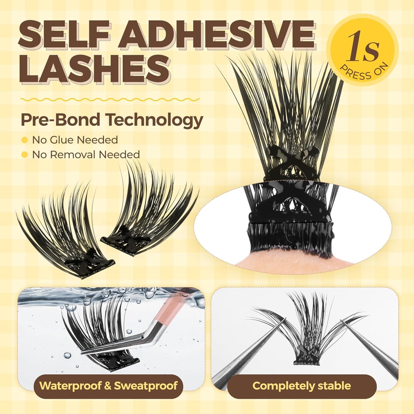 PopUp Self Adhesive Eyelashes Clusters, Press On Lashes Pre Glued Eyelash Extension Kit with Lash Tweezer,10-16mm No Glue No Remover Needed Self Adhesive Lashes Clusters NM03-FemmiqueWomen