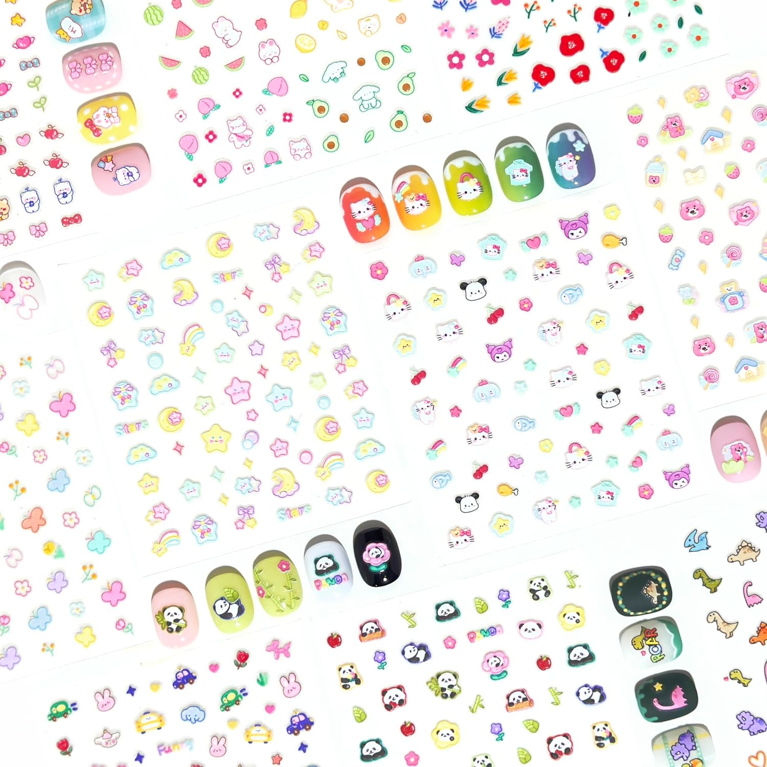 10 Sheets of 3D Nail Stickers - 719 Cute Nail Decals - Embossed Nail Stickers for Kids | Kawaii Theme - Butterfly, Flowers, Cats, Bunny, Stars, Fruits | Glow in The Dark-FemmiqueWomen