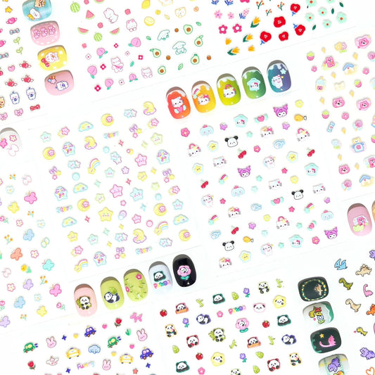 10 Sheets of 3D Nail Stickers - 719 Cute Nail Decals - Embossed Nail Stickers for Kids | Kawaii Theme - Butterfly, Flowers, Cats, Bunny, Stars, Fruits | Glow in The Dark-FemmiqueWomen