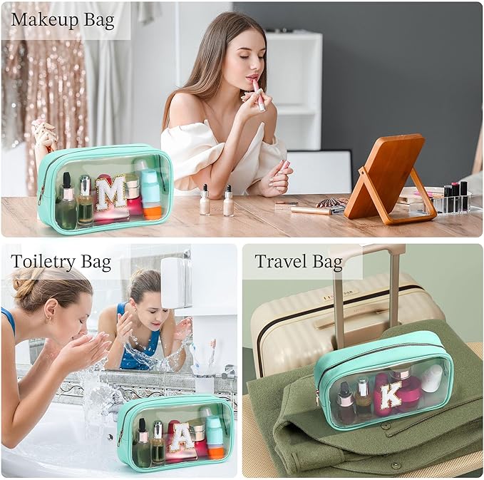 YOOLIFE Initial Make Up Bag Travel Toiletry Bag, Clear Makeup Bag Preppy Cosmetic Bags Organizer Travel Essentials Gifts for Women Teen Girlfriend Teacher Mom Birthday 12 Year Old Girl Gifts Blue T-FemmiqueWomen