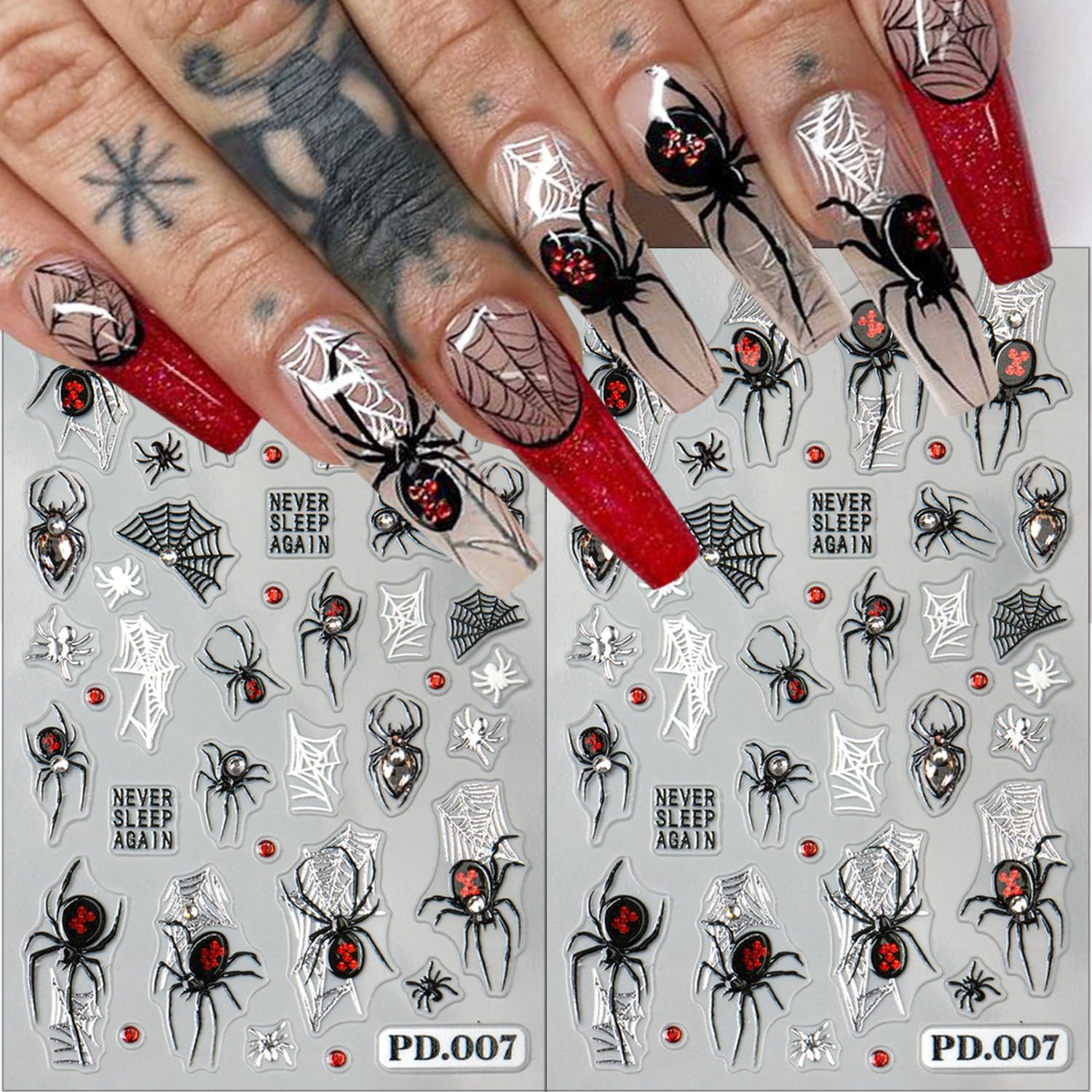 2 Sheets Spider Nail Decals for Nail Art Embossed Halloween Nail Stickers with Rhinestones Designs 5D Horror Spider Nail Art Stickers Self-Adhesive Halloween Holiday Nail Supplies for Women-FemmiqueWomen