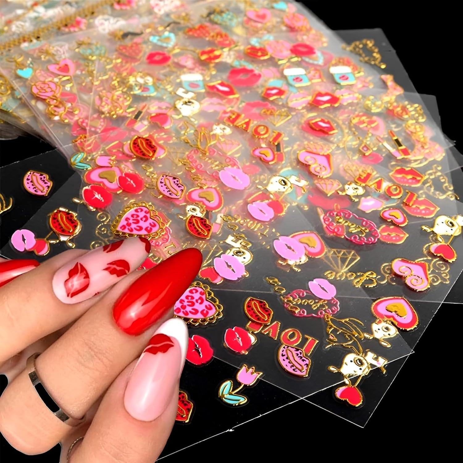30 Sheets Valentine's Day Nail Art Stickers Red Heart Nail Decals 3D Self-Adhesive Rose Lip Kiss Nail Supplies DIY Acrylic Nails Decoration Accessories for Women and Girls-FemmiqueWomen