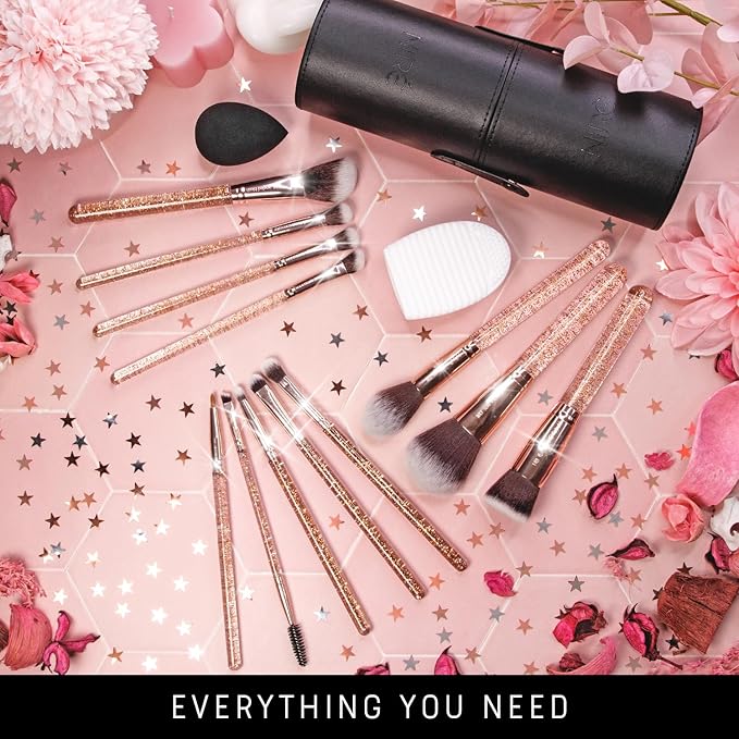 Niré Beauty 15piece Award Winning Glitter Makeup Brushes: Cute Makeup Brushes Set with Case, Beauty Blender, Cleaner, Guide, Gift Box-FemmiqueWomen