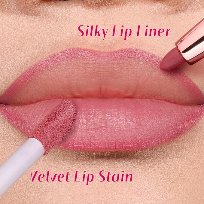 2 PCS Lip Liner and Lip Stain Combo Set, High Pigmented Long Lasting Velvet Lip Tint, Well-Defined Lipliner, Weightless Waterproof Not Animal Tested, Matte Finish Makeup-FemmiqueWomen