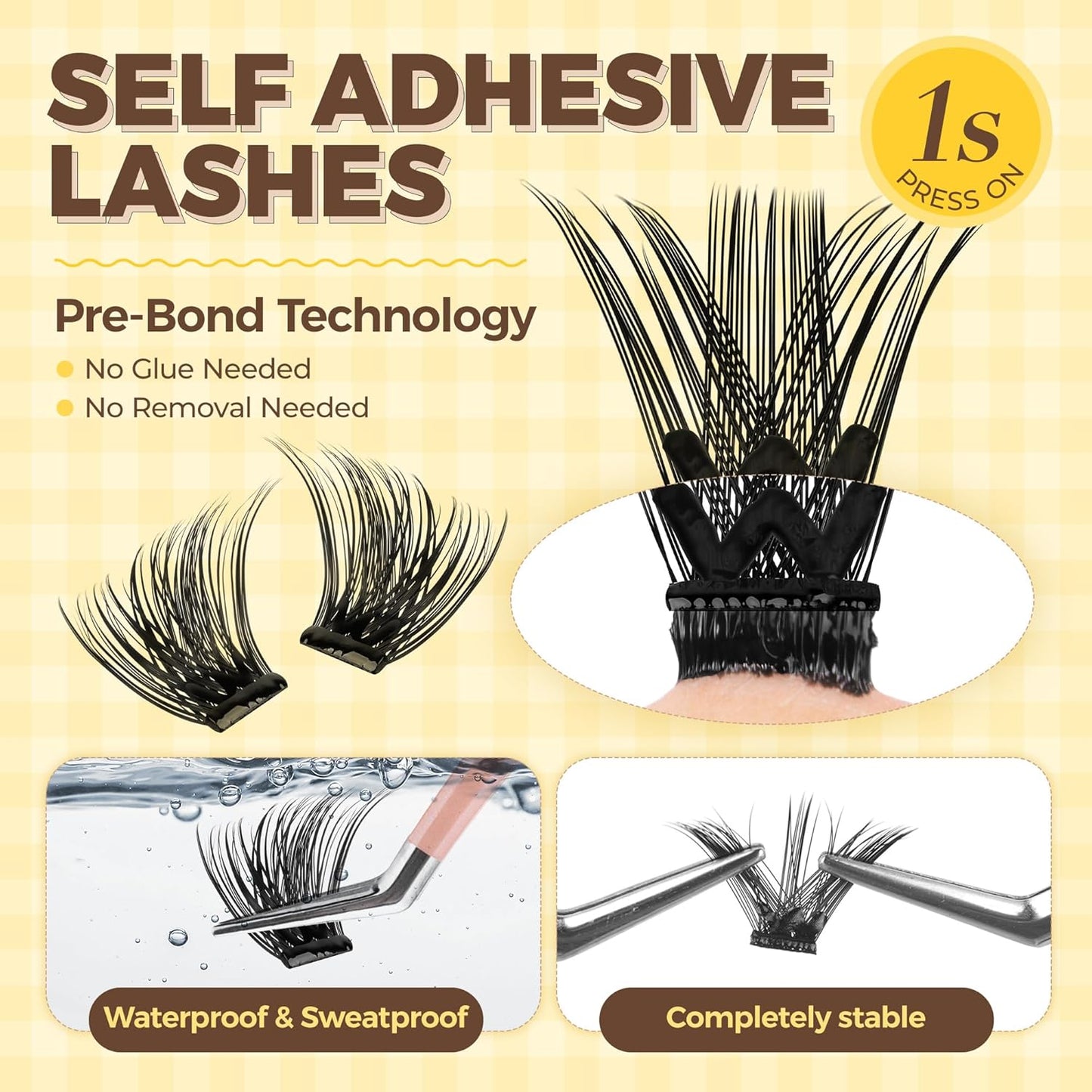 PopUp Self Adhesive Eyelashes Clusters, Press On Lashes Pre Glued Eyelash Extension Kit with Lash Tweezer,10-16mm No Glue No Remover Needed Self Adhesive Lashes Clusters CT50-D-FemmiqueWomen