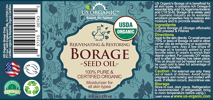 US Organic Borage seed Oil (18% GLA), USDA Certified Organic, 100% Pure & Natural, Cold Pressed, aka Starflower oil, in Amber Glass Bottle w/Eye dropper for Easy Application (4 oz (115 ml))-FemmiqueWomen