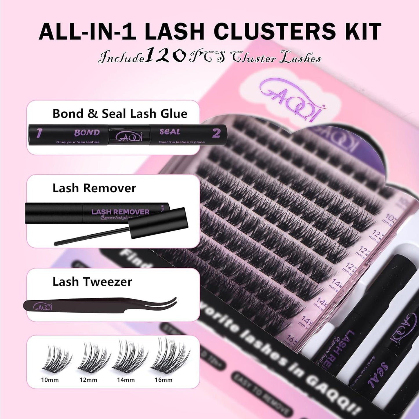 GAQQI Lash Clusters Kit, DIY Lash Extension Kit 120PCS Cluster Lashes C Curl, Wispy Eyelash Clusters 10-16MM with Lash Bond and Seal,Lash Remover and Lash Applicator (GQ19-KIT)-FemmiqueWomen