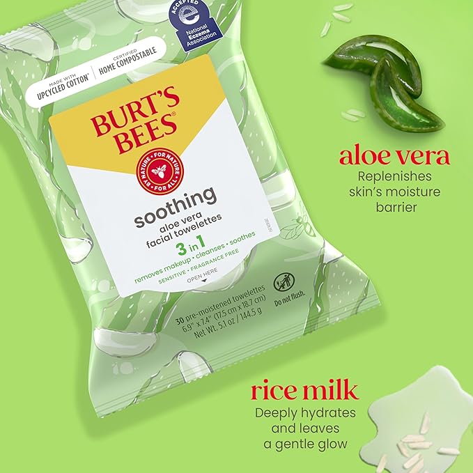 Burt's Bees Back To School Dorm Essentials, Aloe Vera Face Wipes, for Sensitive Skin, Soothing Makeup Remover & Facial Cleansing Towelettes, 30 Ct. (3-Pack)-FemmiqueWomen