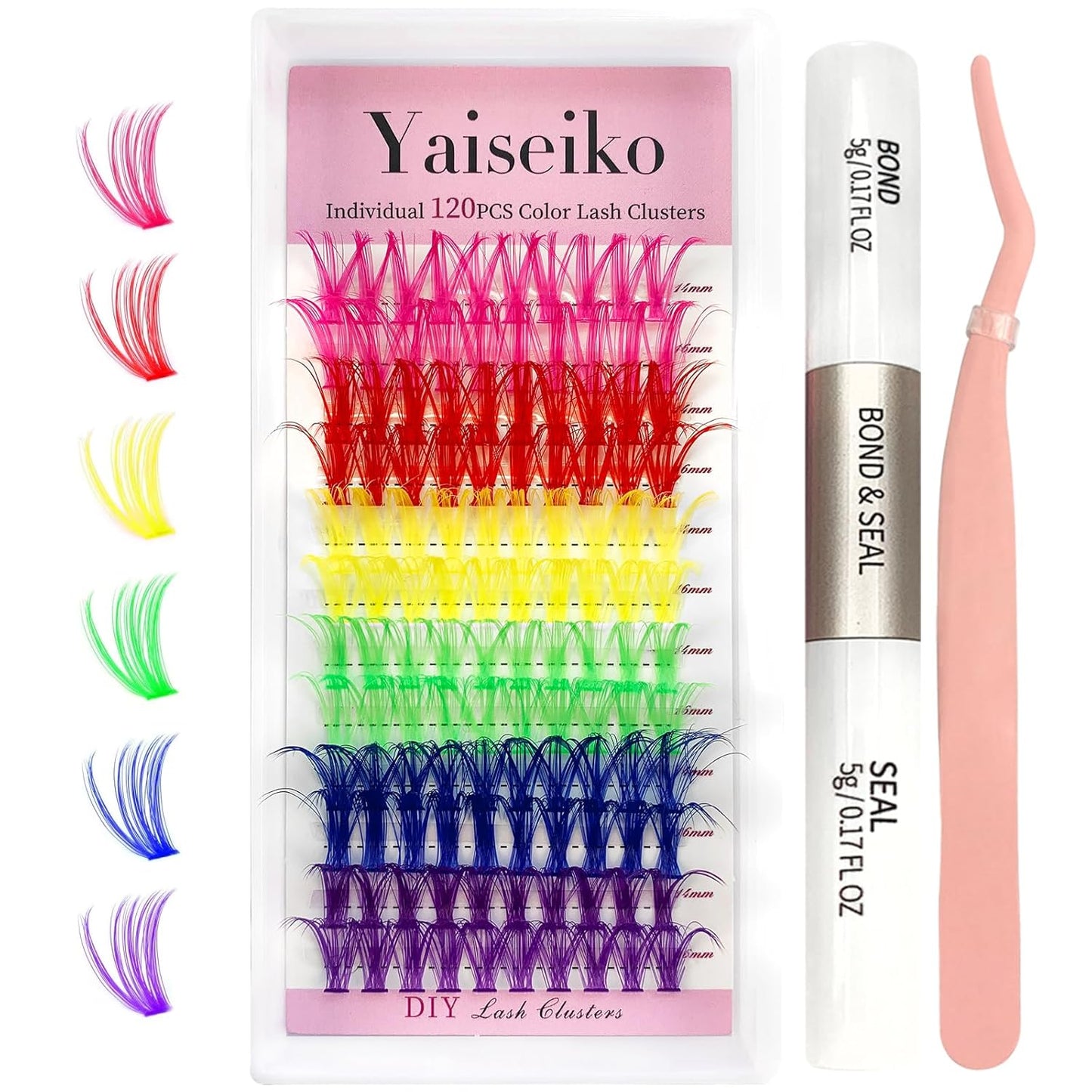Eyelash Extension Kit Colored Lash Clusters Lash Extension Kit 6 Colors Rainbow Lash Clusters with Bond and Seal and Applicator Colorful Lash Extensions 14mm&16mm D Curl Lashes Cluster by Yaiseiko-FemmiqueWomen