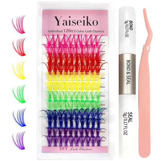 Eyelash Extension Kit Colored Lash Clusters Lash Extension Kit 6 Colors Rainbow Lash Clusters with Bond and Seal and Applicator Colorful Lash Extensions 14mm&16mm D Curl Lashes Cluster by Yaiseiko-FemmiqueWomen