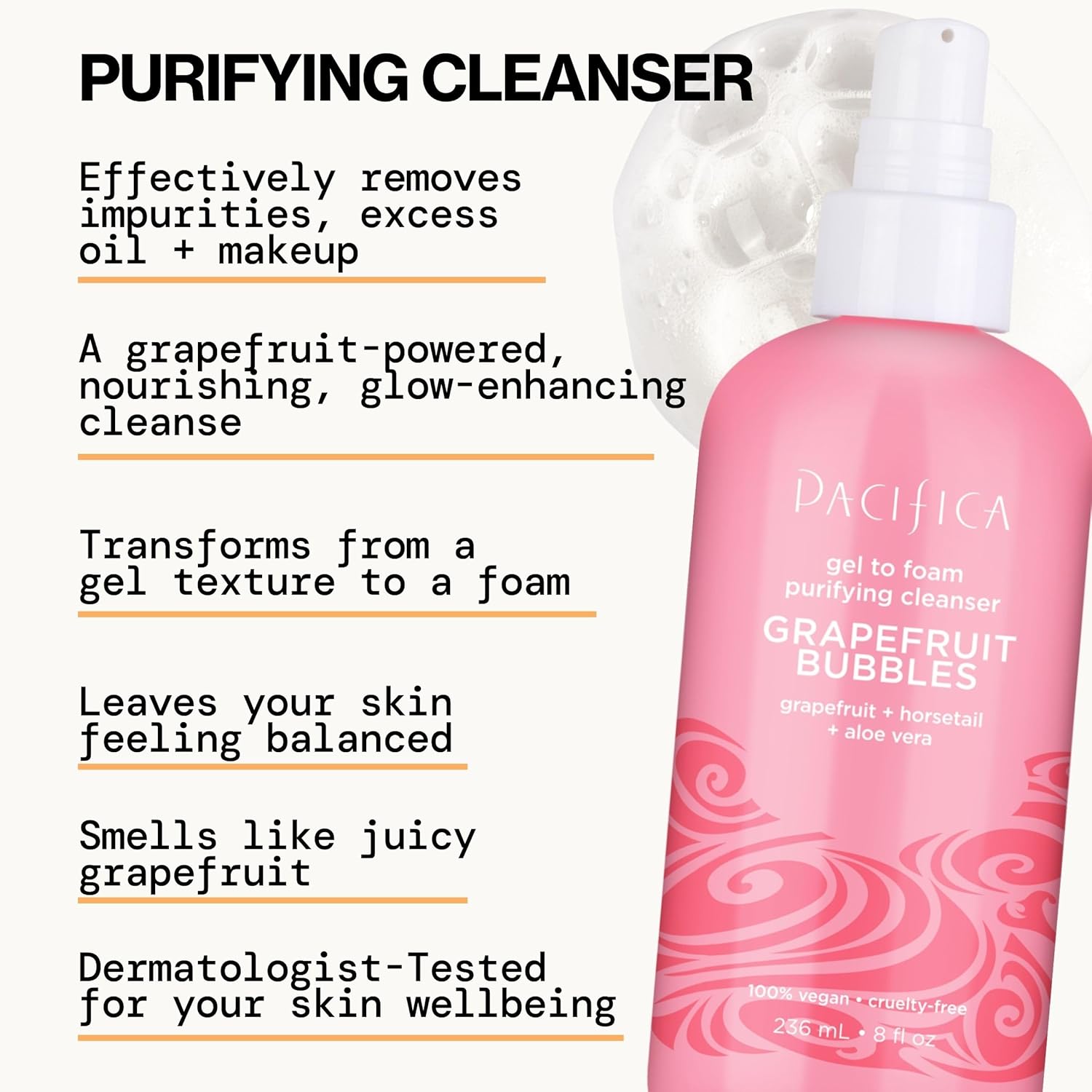 Pacifica Grapefruit Bubbles Gel-to-Foam Cleanser - Gentle Face Wash for Oily & Combination Skin, Helps Remove Excess Oil & Impurities, Helps Brighten, Vegan & Cruelty-Free Formula Dermatologist Tested-FemmiqueWomen