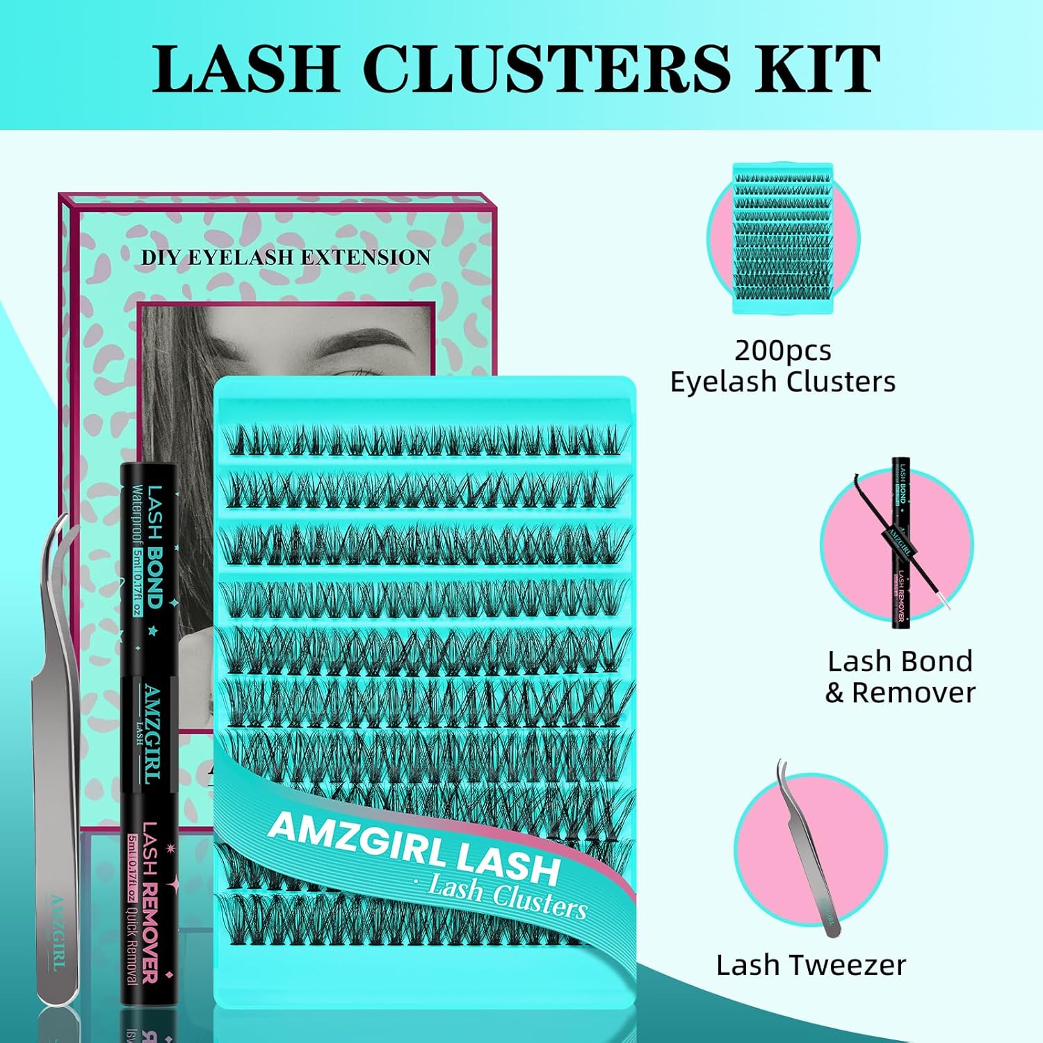 Lash Clusters Kit 200PCS 50D Eyelash Extension Kit D Curl Wispy Eyelash Clusters DIY Natural Individual Lashes Kits Lashes Extensions Kit with Lash Bond and Remover Eyelash Tweezer at Home-FemmiqueWomen