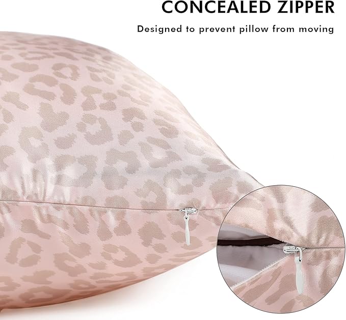 2 Pack Satin Pillowcase with Latent Zipper, Adjustable Satin Eye Mask for Sleeping and Satin Volume Scrunchie for Hair and Skin, Standard Size (Pink, Leopard Style)-FemmiqueWomen