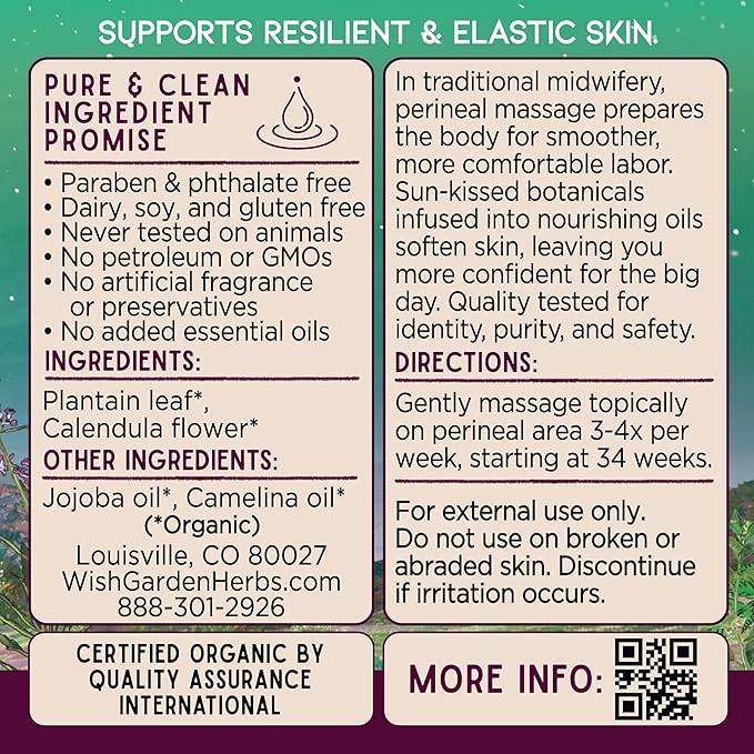 WishGarden Herbs Perineal Massage Oil - Certified Organic Herbal Oil Infusion with Plantain Leaf, Calendula & Jojoba Oil, Supports Skin Elasticity & Prevents Perineum Tearing During Childbirth, 2oz-FemmiqueWomen