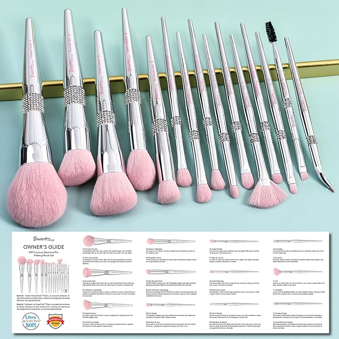 Bueart Design Elegant pink Ultra soft labeled Makeup Brushes Sets with Brush Holder makeup brush set with Foundation Powder blush blending contour Brush (15Pcs Silver Pink+Holder)-FemmiqueWomen