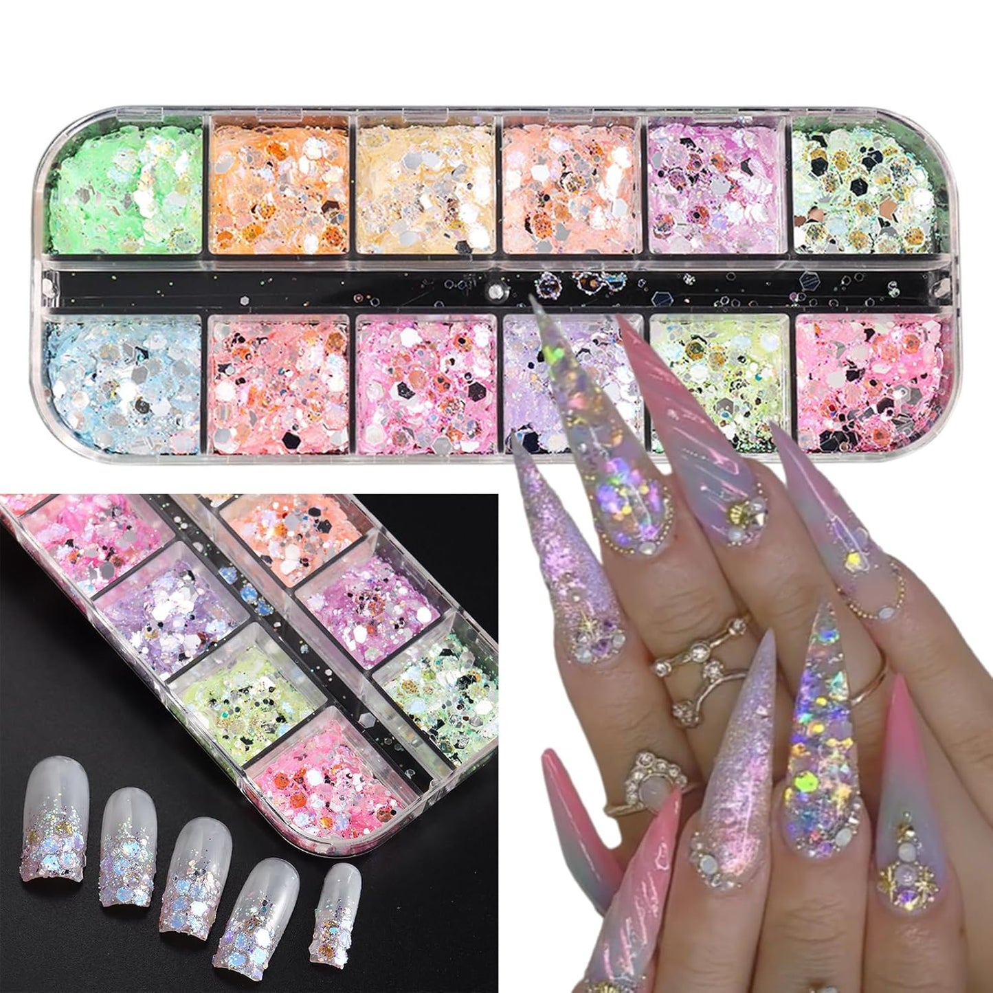 12 Grids Colorful Mermaid Nail Sequin Holographic Nail Art Glitter,Iridescent Nail Art Flake Glitter Decals Glass Paper Design Nail Accessories Acrylic Nails for Women Make Up DIY Nail Decoration-FemmiqueWomen