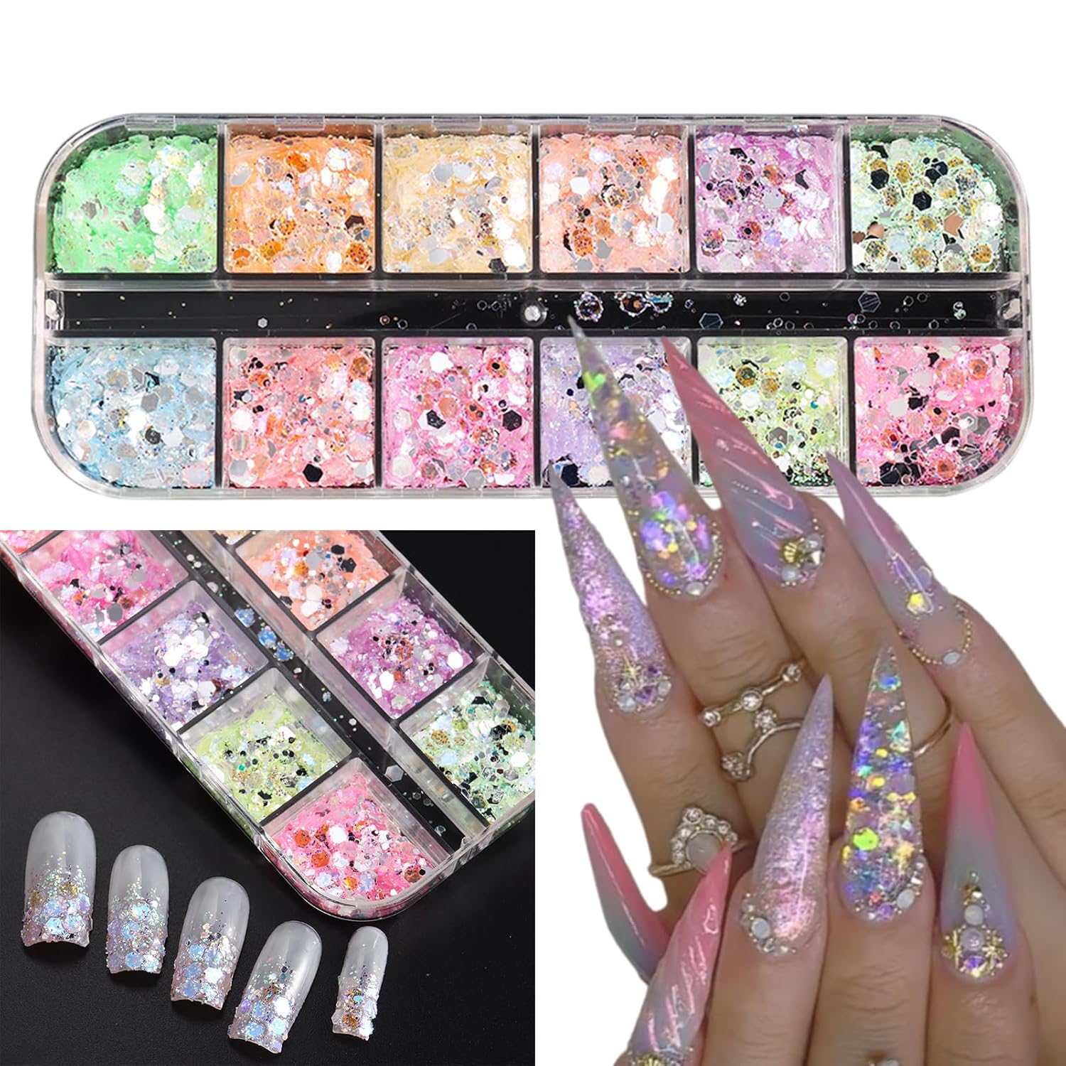 12 Grids Colorful Mermaid Nail Sequin Holographic Nail Art Glitter,Iridescent Nail Art Flake Glitter Decals Glass Paper Design Nail Accessories Acrylic Nails for Women Make Up DIY Nail Decoration-FemmiqueWomen